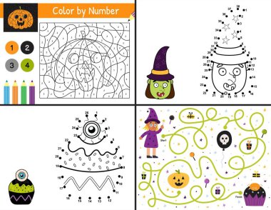 Cadılar Bayramı etkinlik sayfaları çocuklar için. US Letter formatında komik oyunlar koleksiyonu. Rakamlara göre renk, noktadan noktaya ve şablonlar ürkütücü karakterlerle dolu. Vektör illüstrasyonu