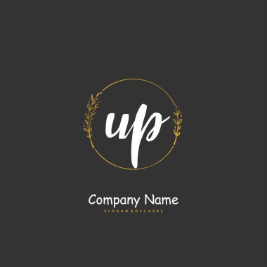 U P UP İlk el yazısı ve daire şeklinde imzalı logo tasarımı. Moda, takım, düğün, lüks logo için güzel tasarım logosu.