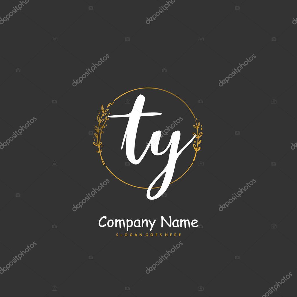 T Y TY Initial handwriting and signature logo design with circle. Beautiful design handwritten logo for fashion, team, wedding, luxury logo.