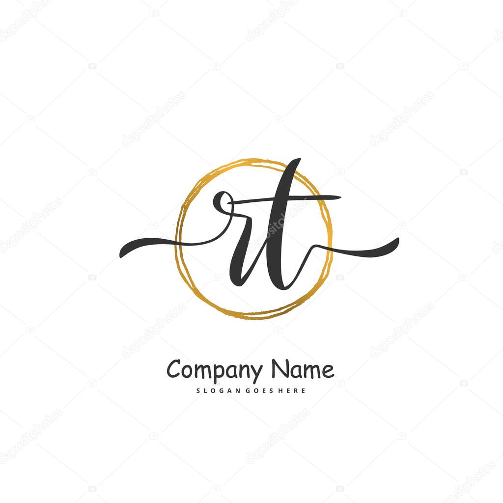 R T RT Initial handwriting and signature logo design with circle. Beautiful design handwritten logo for fashion, team, wedding, luxury logo.