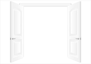 Beyaz çift kapılar açın. Vektör grafik arka plan. Beyaz Duvar