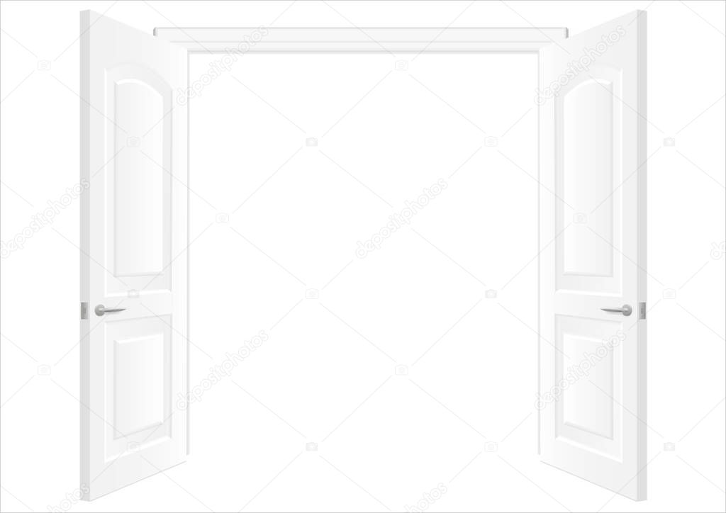 Open white double doors. Background in vector graphic. White wall