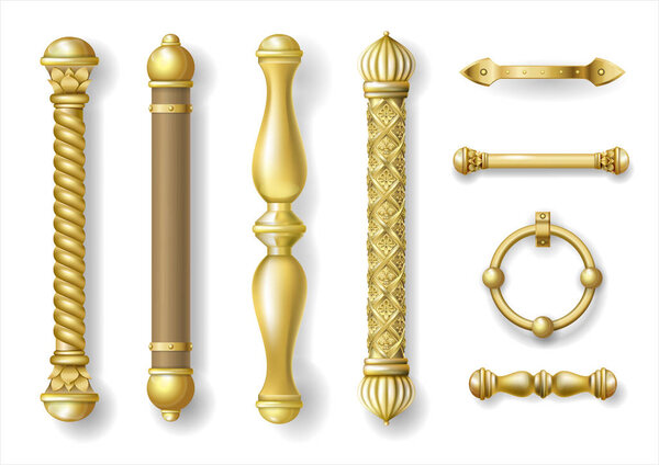 Set of classic gold door handles. Baroque style. Luxurious doors. Vector graphics. Transparent shadows. Jewelry work