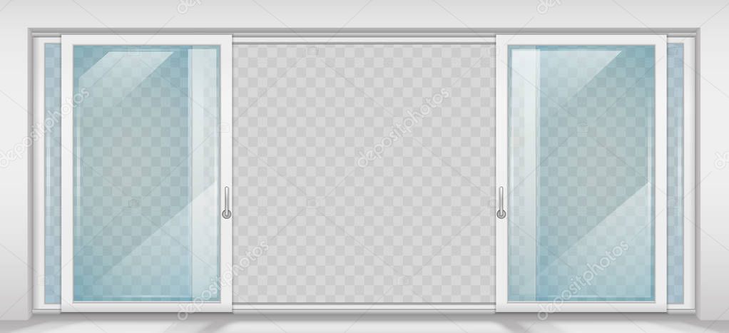 Modern wide sliding door with transparent glass. Vector graphics. The interior of the room.