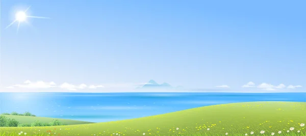 Zee landschap met groene heuvels — Stockvector