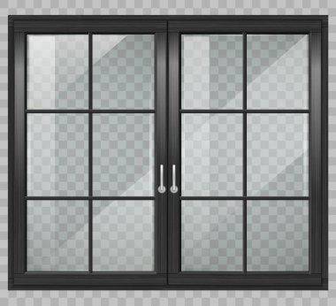 Klasik ahşap pencere veya terasa çift kapılı. Şeffaflık. Vektör grafikleri