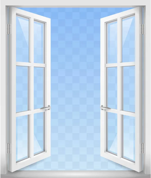 Bílé Klasické Dřevěné Otevřené Dveře Nebo Okno Transparentním Sklem Vektorové — Stockový vektor