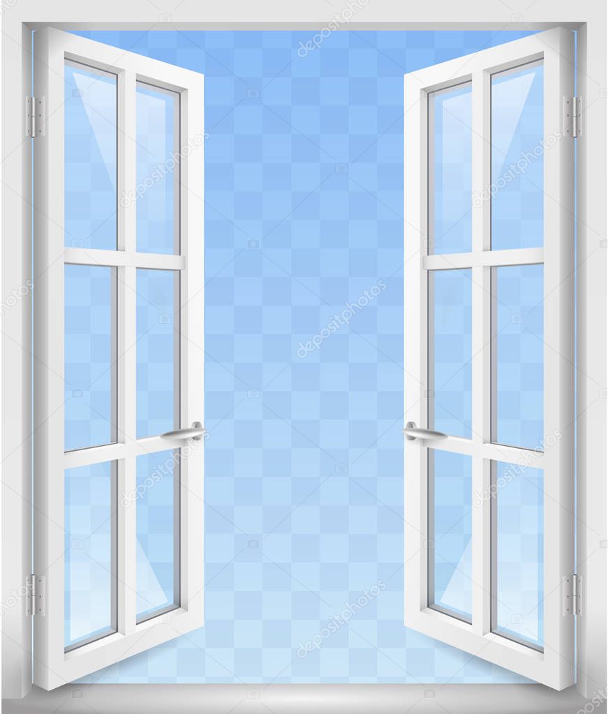White Classic wooden open door or window with transparent glass. Vector graphics