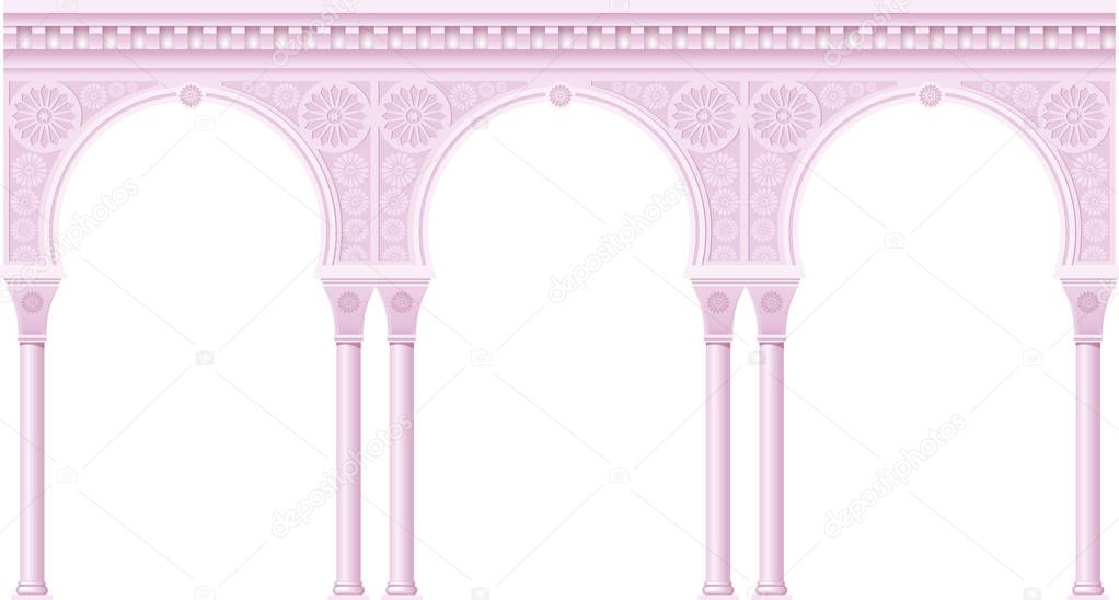 Pink palace arcade in an old oriental style. Facade of a classical building. Vector graphics