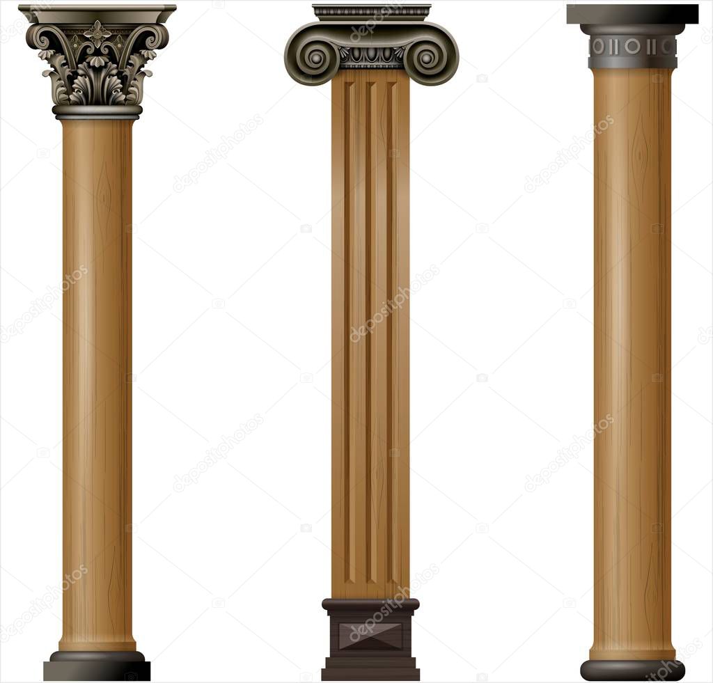 Set vintage classic wood carved architectural columns with ornament for interior or facade. Joinery elements or balusters. Vector graphics