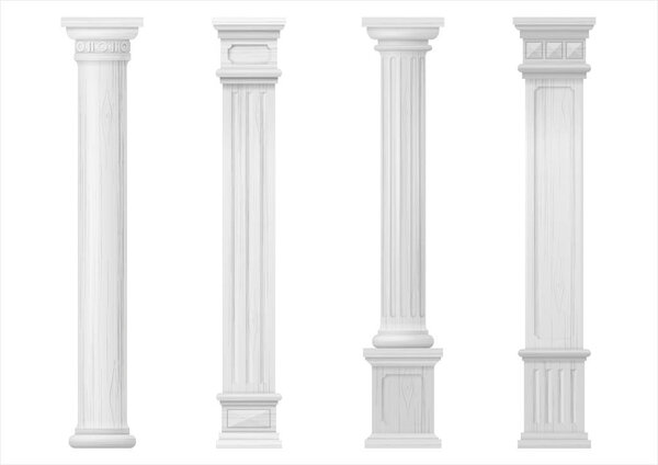 Set vintage classic wood carved architectural columns with ornament for interior or facade. Joinery elements or balusters. Vector graphics