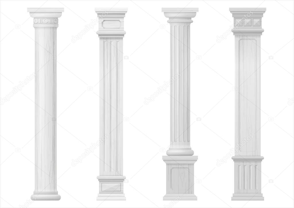 Set vintage classic wood carved architectural columns with ornament for interior or facade. Joinery elements or balusters. Vector graphics