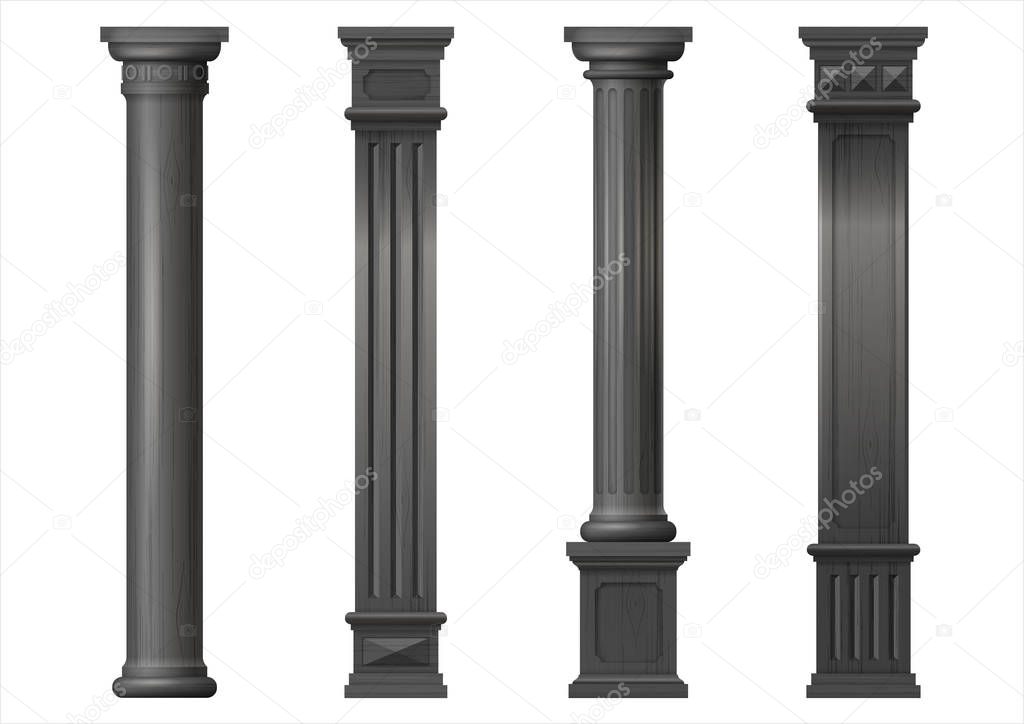 Set vintage classic wood carved architectural columns with ornament for interior or facade. Joinery elements or balusters. Vector graphics