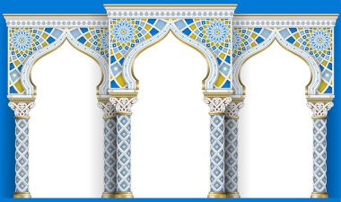 Mozaik Doğu arch. Oymalı mimari ve klasik sütunlar. Hint tarzı. Dekoratif mimari çerçeve vektör grafikleri.
