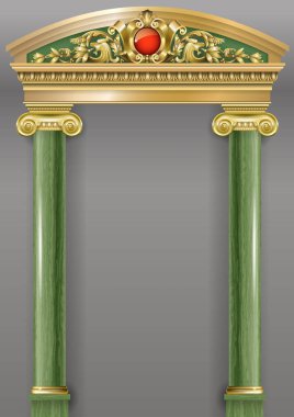 Sütunlu altın lüks klasik kemer. Barok tarzında bir portal. Peri sarayının girişi.