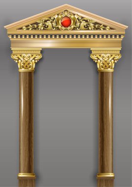 Sütunlu altın lüks klasik kemer. Barok tarzında bir portal. Peri sarayının girişi.