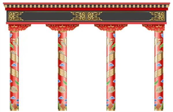 Doğu Kırmızı Çin Arch Oymalı Mimari Klasik Sütunlar Çin Stili — Stok Vektör