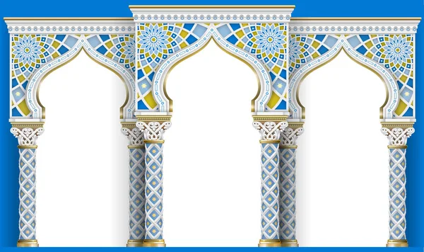 Arco Oriental Mosaico Arquitetura Esculpida Colunas Clássicas Estilo Indiano Moldura — Vetor de Stock