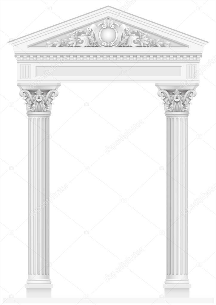 Antique white colonnade with Ionic columns. Three arched entrance or niche. Vector graphics