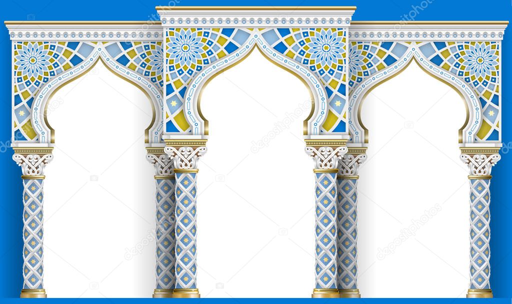 The Eastern arch of the mosaic. Carved architecture and classic columns. Indian style. Decorative architectural frame in vector graphics.