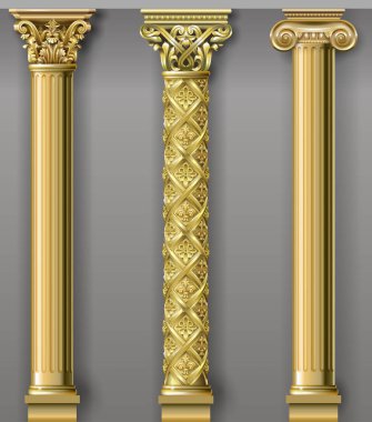 Set of classic gold columns in different styles. Vector graphics clipart
