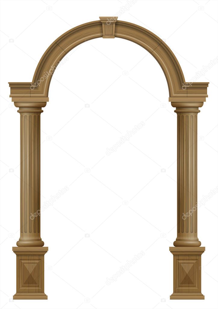 Wooden classic vintage arch of the portal door with the columns. Vector graphics. The entrance of the facade or the framing of the furniture.