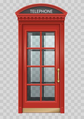 Kırmızı klasik İngiliz telefon kulübesi. Street Londra. Cephe. Saydam sonuç.