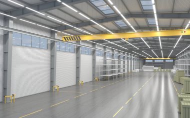 3D çizim. Yeni boş ambar veya fabrika. Dükkanı
