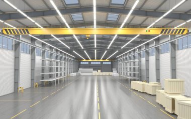 3D çizim. Yeni boş ambar veya fabrika. Dükkanı