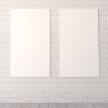 3D çizim. Bir tuğla duvar boş iki kanatlı tablo. Çatı katı tarzında modern iç.