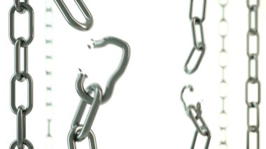 3D çizim. Zincirleri beyaz bir arka plan üzerinde yırtık. Yakın çekim ve görüntü.