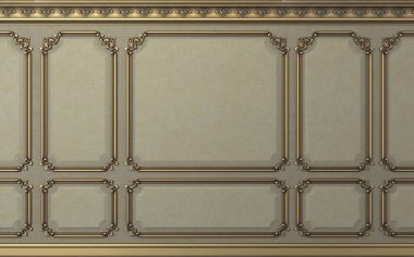 3D çizim. Klasik duvar Biege'e eski altın ahşap paneller. Sanayi iç. Arka plan.