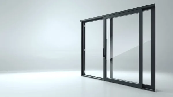 3D例证 商店或橱窗里的黑色滑动门 横幅的背景广告 现代建筑技术 — 图库照片
