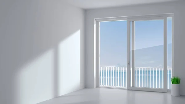 Розсувні Зовнішні Двері Двома Білими Віконницями Види Панорамного Вікна Тераси — стокове фото