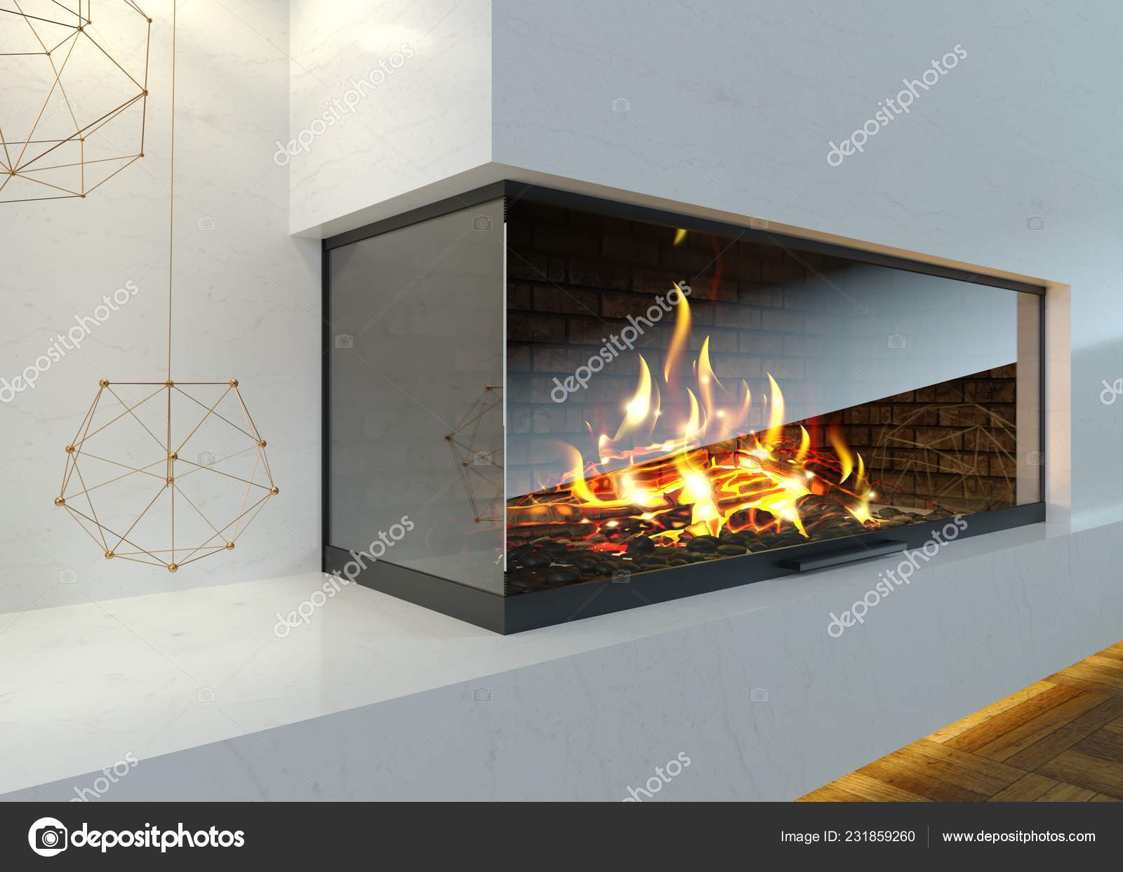 Modern glass corner fireplace in the interior Stock Photo by ©denisik11
