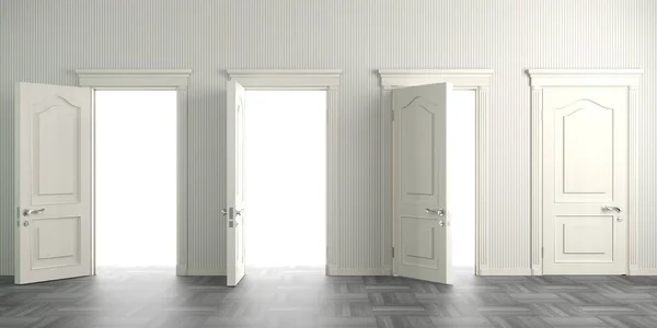 Cuatro puertas abiertas blancas en la pared — Foto de Stock
