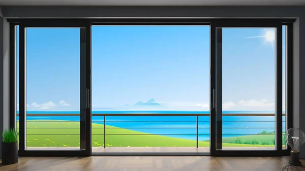Csúszó ablak villa-kilátással a tengerre — Stock Fotó