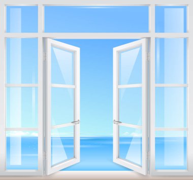 Deniz manzaralı Vintage ahşap pencere