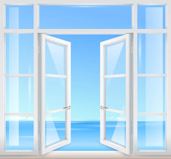 Vintage fenêtre en bois avec vue sur la mer — Image vectorielle