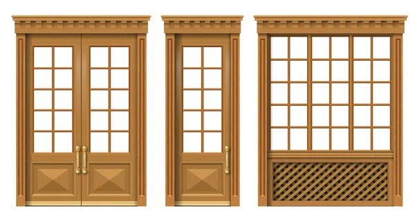 Conjunto de puertas y ventanas de madera clásicas — Vector de stock