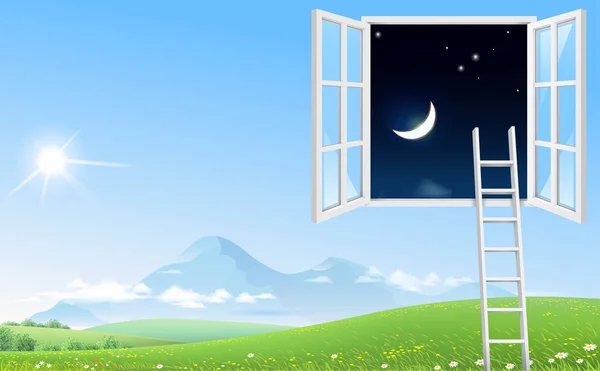 Concept παράθυρο εικόνας και σκάλα για το νυχτερινό ουρανό — Διανυσματικό Αρχείο
