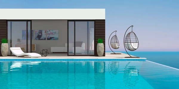 Moderne Villa mit Pool und Sonnenliegen am Meer — Stockfoto