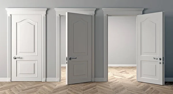 Τρεις λευκές κλασικές πόρτες στον τοίχο — Φωτογραφία Αρχείου