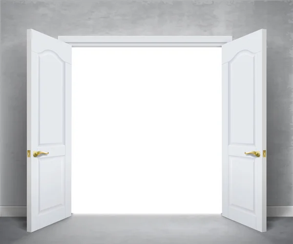Aberto portas duplas brancas na parede cinza — Vetor de Stock