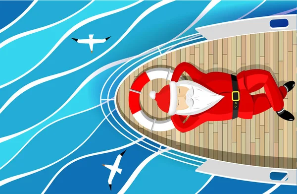Санта Клаус плавает на яхте, лежащей на палубе — стоковый вектор