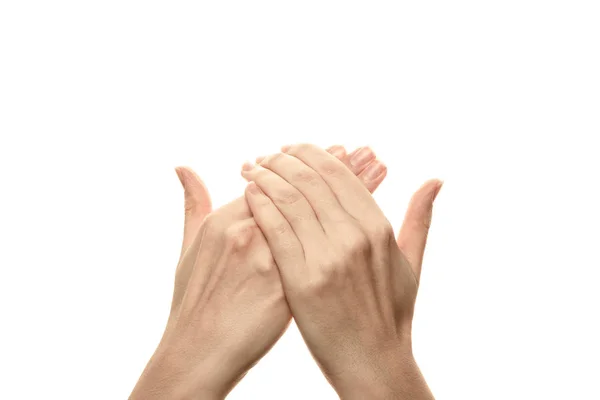 Mudra chandman bowl, yoga para los dedos, un gesto ritual en el budismo. Aislado sobre fondo blanco — Foto de Stock