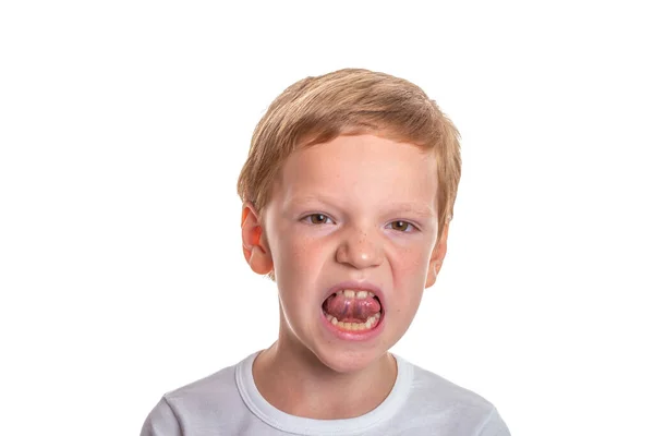 Speech Therapy Concept Little Boy Doing Exercises Correct Pronunciation Isolation — Stock Photo, Image