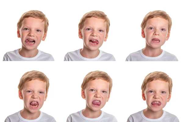 Koncepcja Terapii Mowy Mały Chłopiec Robi Ćwiczenia Dla Prawidłowej Wymowy — Zdjęcie stockowe