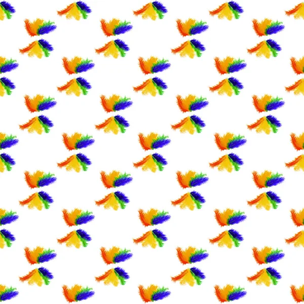 Naadloos Patroon Van Gevoerd Regenboog Gekleurde Vogelveren Een Witte Achtergrond — Stockfoto