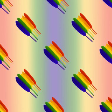 Gökkuşağı renklerinde kuş tüyleriyle çizilmiş kusursuz bir gökkuşağı arkaplanı. LGBT konsepti. Yüksek kalite fotoğraf